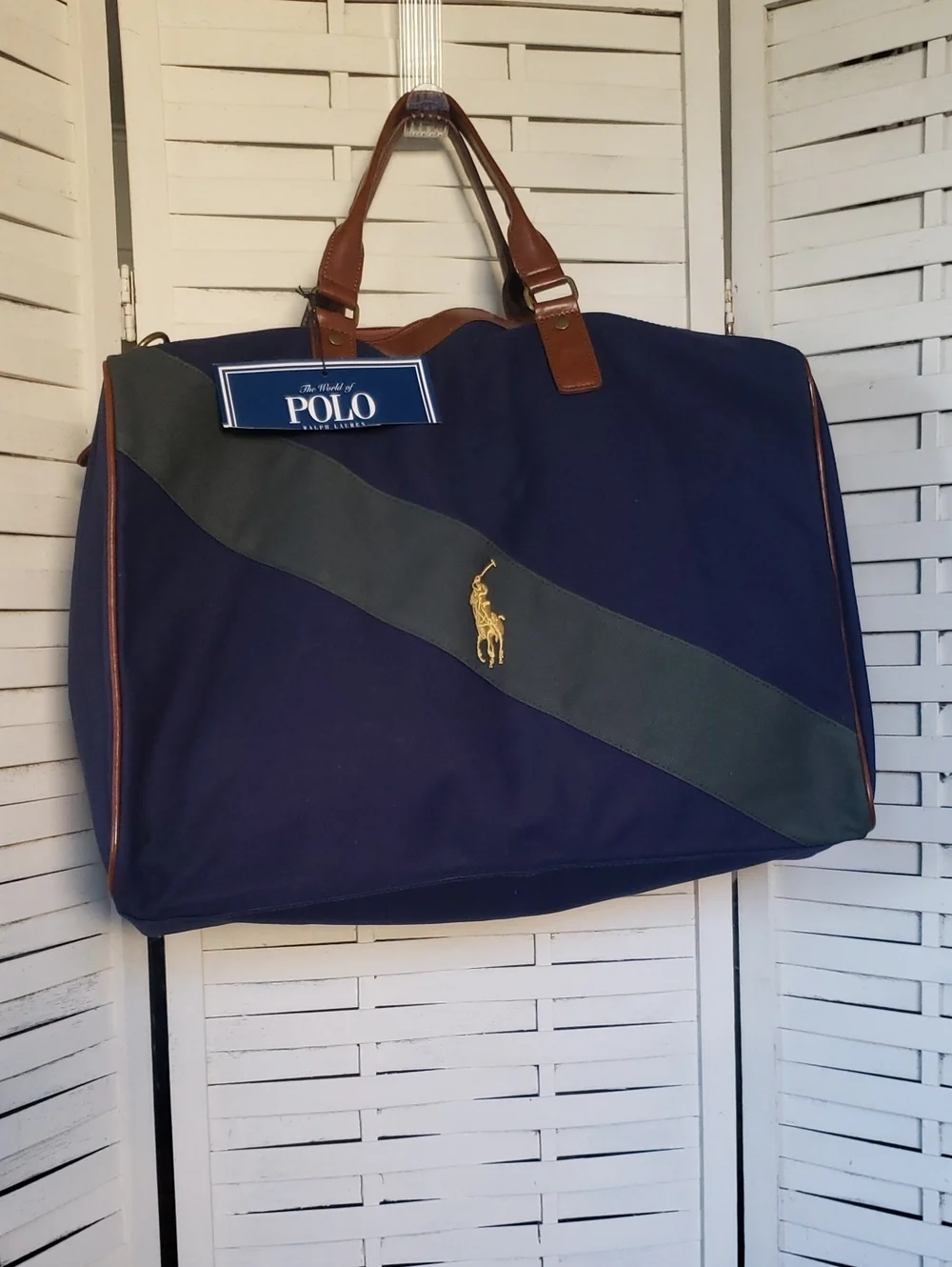 Polo by Ralph Lauren Navy & Green Diagonal Stripe Travel Canvas Duffel Bag New